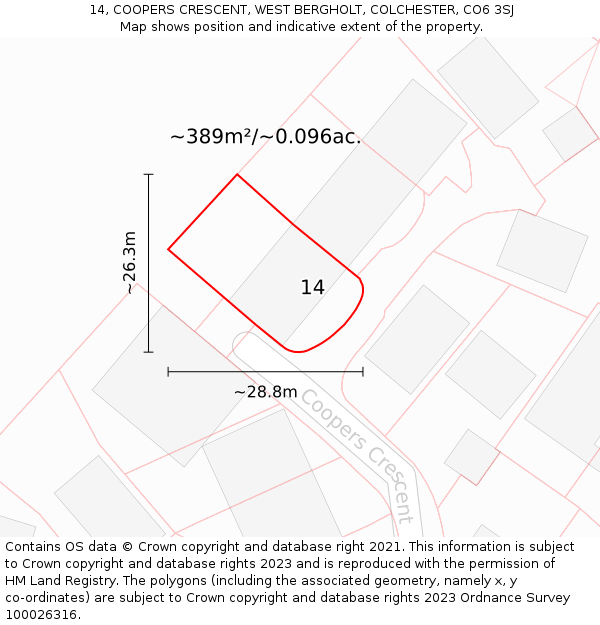 14, COOPERS CRESCENT, WEST BERGHOLT, COLCHESTER, CO6 3SJ: Plot and title map