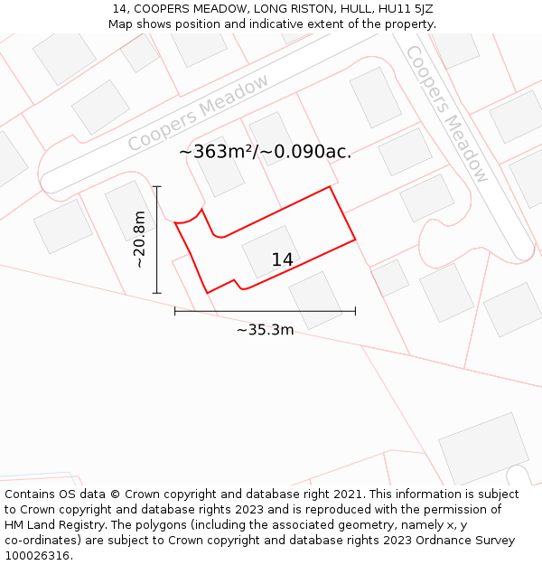 14, COOPERS MEADOW, LONG RISTON, HULL, HU11 5JZ: Plot and title map