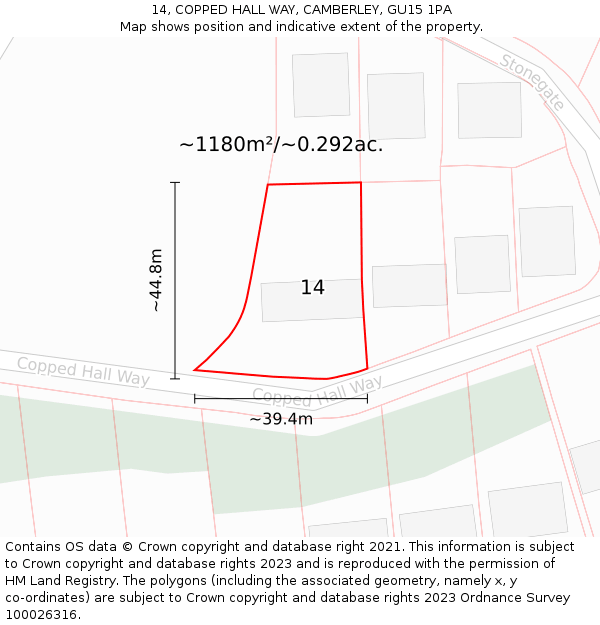 14, COPPED HALL WAY, CAMBERLEY, GU15 1PA: Plot and title map