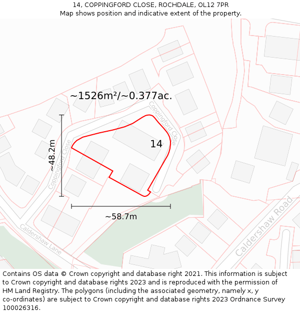 14, COPPINGFORD CLOSE, ROCHDALE, OL12 7PR: Plot and title map