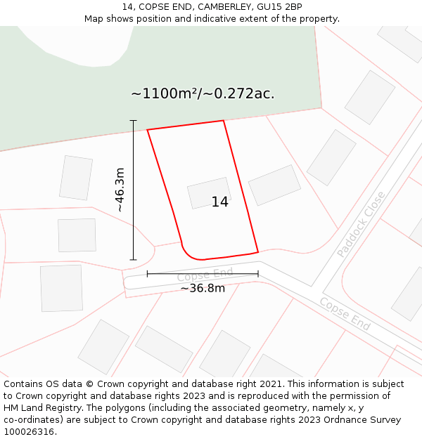 14, COPSE END, CAMBERLEY, GU15 2BP: Plot and title map