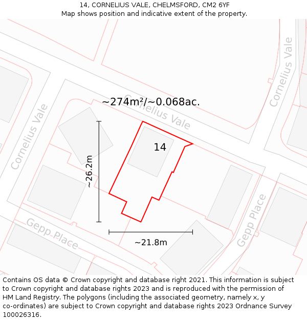 14, CORNELIUS VALE, CHELMSFORD, CM2 6YF: Plot and title map