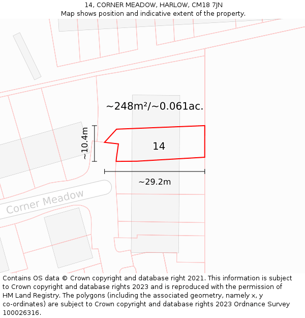 14, CORNER MEADOW, HARLOW, CM18 7JN: Plot and title map