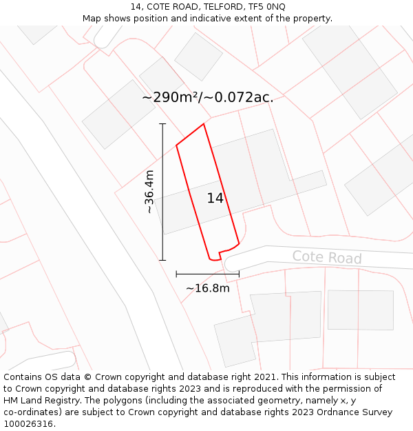 14, COTE ROAD, TELFORD, TF5 0NQ: Plot and title map