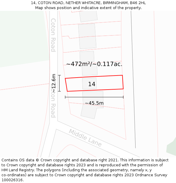 14, COTON ROAD, NETHER WHITACRE, BIRMINGHAM, B46 2HL: Plot and title map