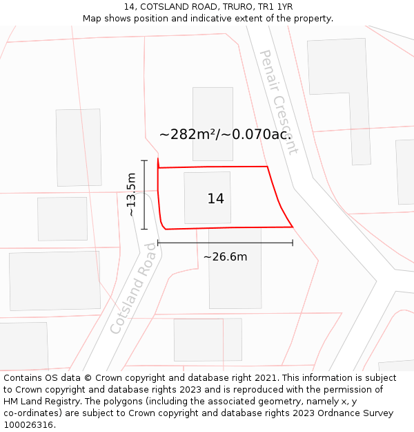 14, COTSLAND ROAD, TRURO, TR1 1YR: Plot and title map