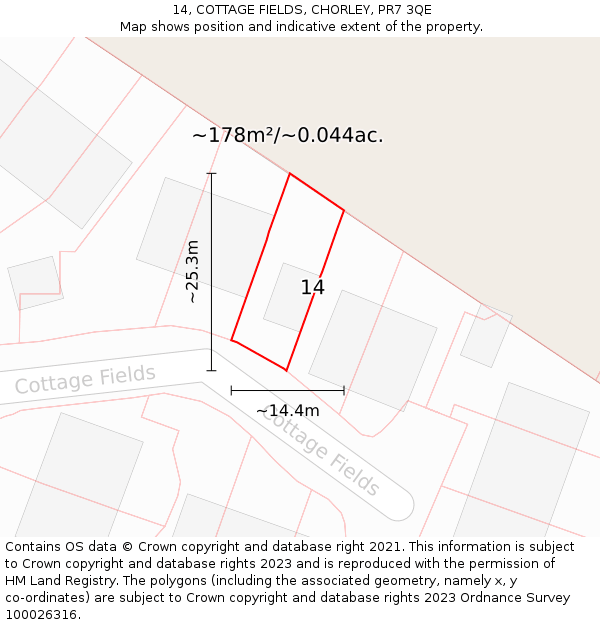 14, COTTAGE FIELDS, CHORLEY, PR7 3QE: Plot and title map