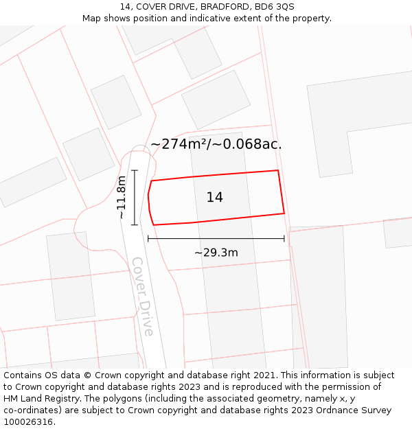 14, COVER DRIVE, BRADFORD, BD6 3QS: Plot and title map