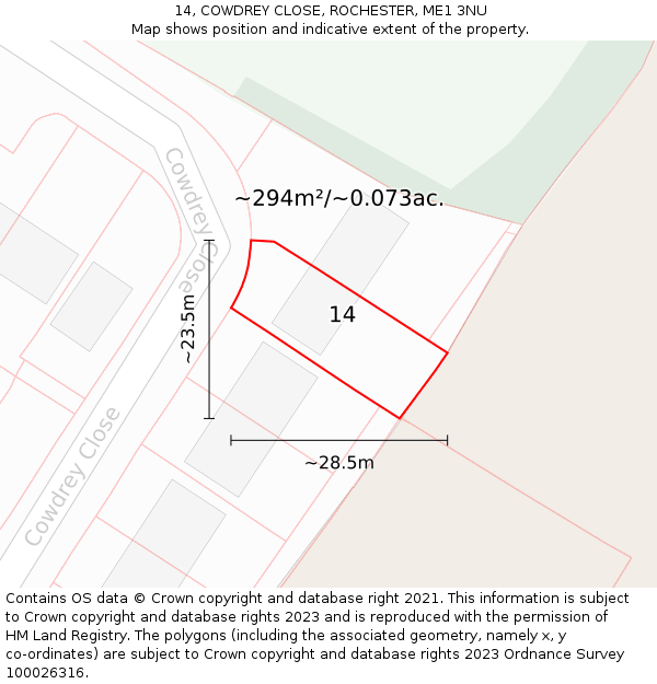 14, COWDREY CLOSE, ROCHESTER, ME1 3NU: Plot and title map