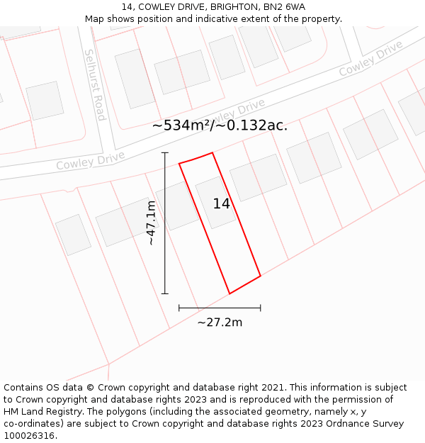 14, COWLEY DRIVE, BRIGHTON, BN2 6WA: Plot and title map