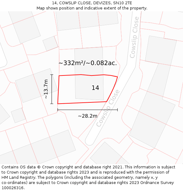 14, COWSLIP CLOSE, DEVIZES, SN10 2TE: Plot and title map