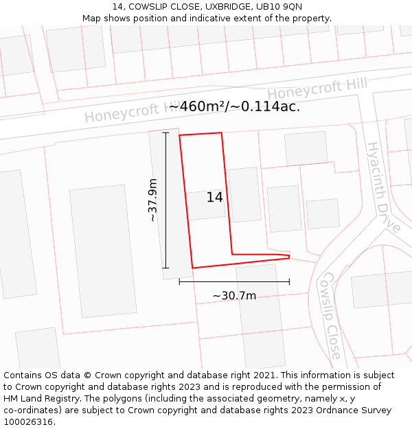 14, COWSLIP CLOSE, UXBRIDGE, UB10 9QN: Plot and title map
