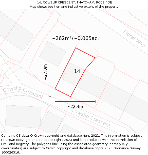 14, COWSLIP CRESCENT, THATCHAM, RG18 4DE: Plot and title map