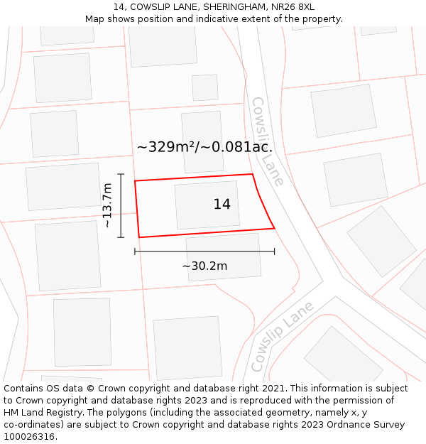 14, COWSLIP LANE, SHERINGHAM, NR26 8XL: Plot and title map