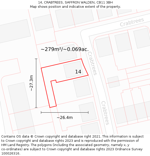 14, CRABTREES, SAFFRON WALDEN, CB11 3BH: Plot and title map