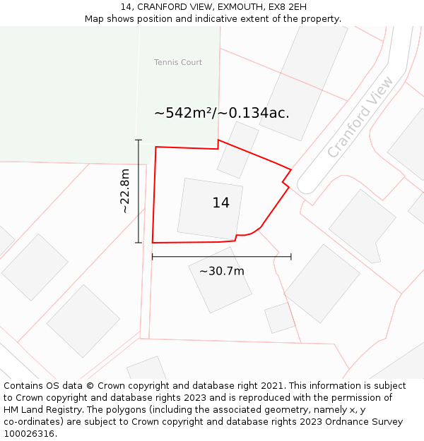 14, CRANFORD VIEW, EXMOUTH, EX8 2EH: Plot and title map