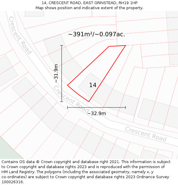 14, CRESCENT ROAD, EAST GRINSTEAD, RH19 1HP: Plot and title map