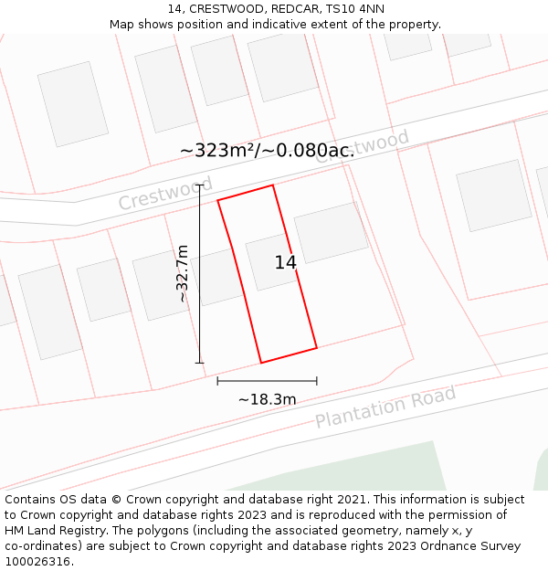 14, CRESTWOOD, REDCAR, TS10 4NN: Plot and title map