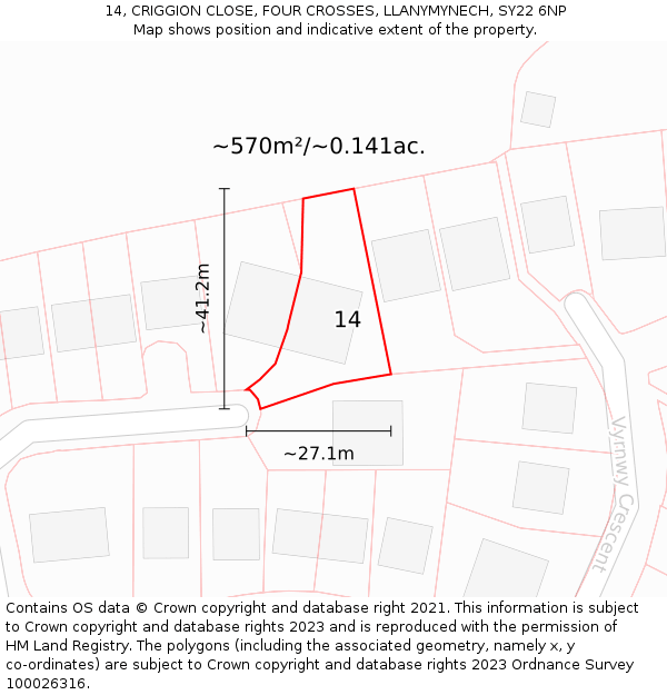 14, CRIGGION CLOSE, FOUR CROSSES, LLANYMYNECH, SY22 6NP: Plot and title map