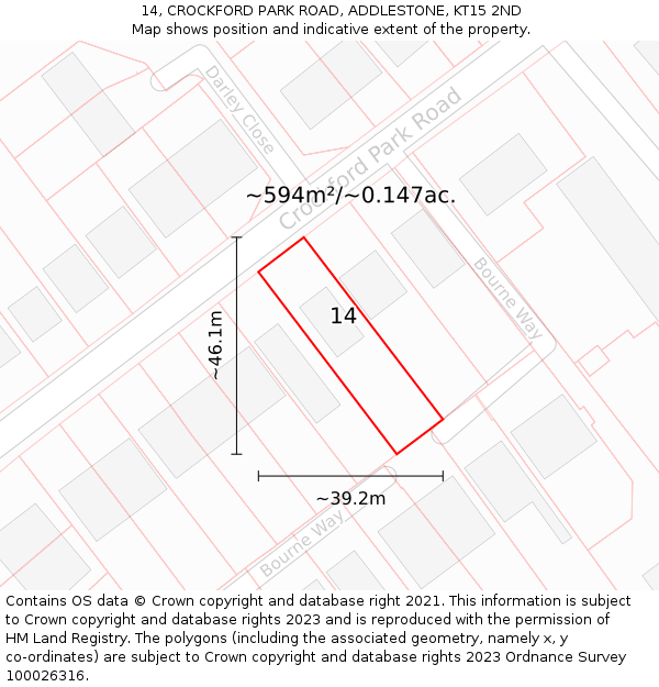 14, CROCKFORD PARK ROAD, ADDLESTONE, KT15 2ND: Plot and title map