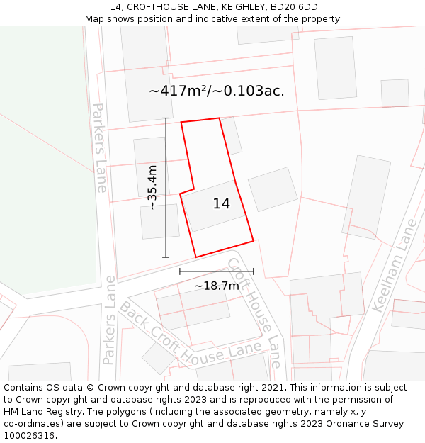 14, CROFTHOUSE LANE, KEIGHLEY, BD20 6DD: Plot and title map