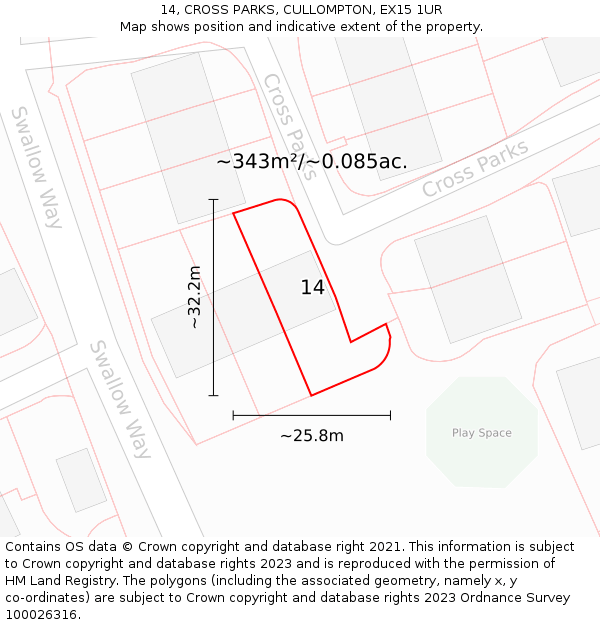 14, CROSS PARKS, CULLOMPTON, EX15 1UR: Plot and title map