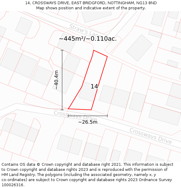 14, CROSSWAYS DRIVE, EAST BRIDGFORD, NOTTINGHAM, NG13 8ND: Plot and title map