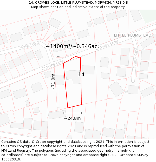 14, CROWES LOKE, LITTLE PLUMSTEAD, NORWICH, NR13 5JB: Plot and title map