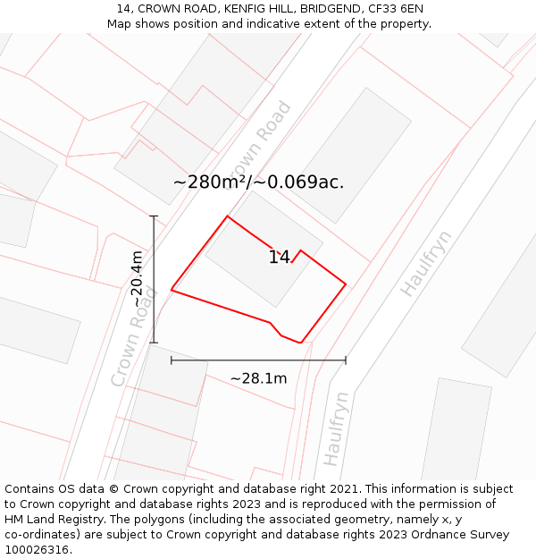 14, CROWN ROAD, KENFIG HILL, BRIDGEND, CF33 6EN: Plot and title map