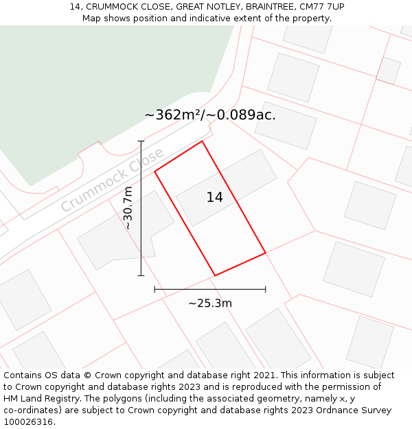 14, CRUMMOCK CLOSE, GREAT NOTLEY, BRAINTREE, CM77 7UP: Plot and title map