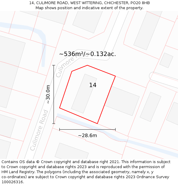 14, CULIMORE ROAD, WEST WITTERING, CHICHESTER, PO20 8HB: Plot and title map