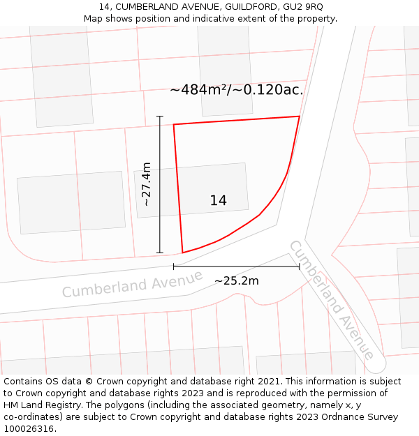 14, CUMBERLAND AVENUE, GUILDFORD, GU2 9RQ: Plot and title map