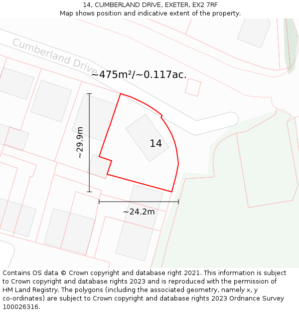 14, CUMBERLAND DRIVE, EXETER, EX2 7RF: Plot and title map