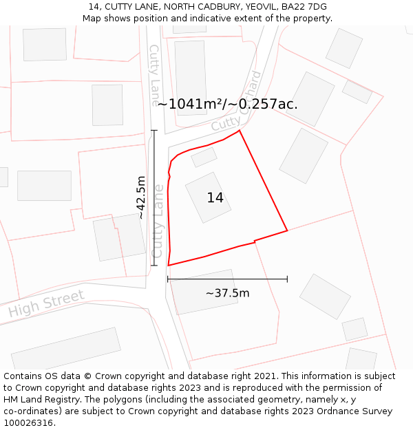 14, CUTTY LANE, NORTH CADBURY, YEOVIL, BA22 7DG: Plot and title map