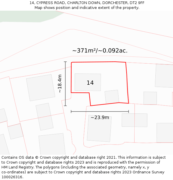 14, CYPRESS ROAD, CHARLTON DOWN, DORCHESTER, DT2 9FF: Plot and title map