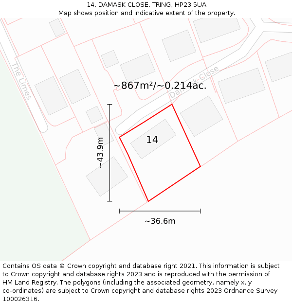 14, DAMASK CLOSE, TRING, HP23 5UA: Plot and title map