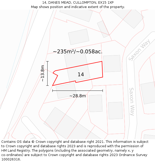 14, DANES MEAD, CULLOMPTON, EX15 1XP: Plot and title map