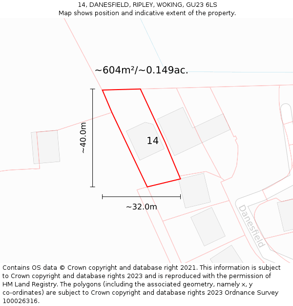 14, DANESFIELD, RIPLEY, WOKING, GU23 6LS: Plot and title map