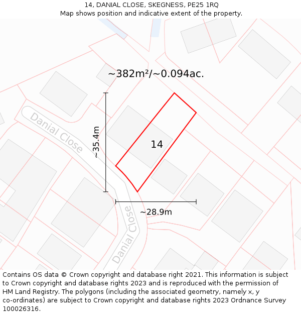 14, DANIAL CLOSE, SKEGNESS, PE25 1RQ: Plot and title map