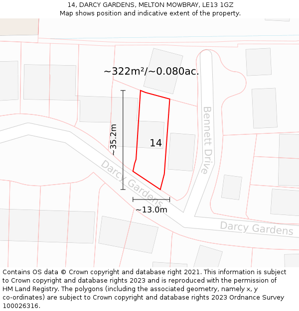 14, DARCY GARDENS, MELTON MOWBRAY, LE13 1GZ: Plot and title map