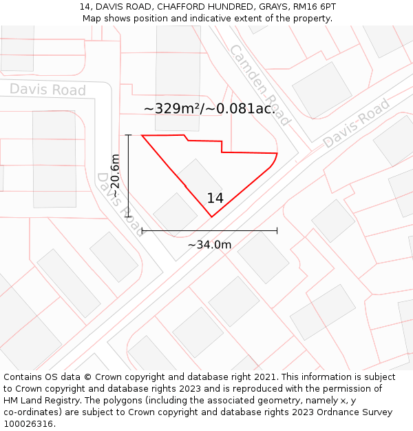 14, DAVIS ROAD, CHAFFORD HUNDRED, GRAYS, RM16 6PT: Plot and title map