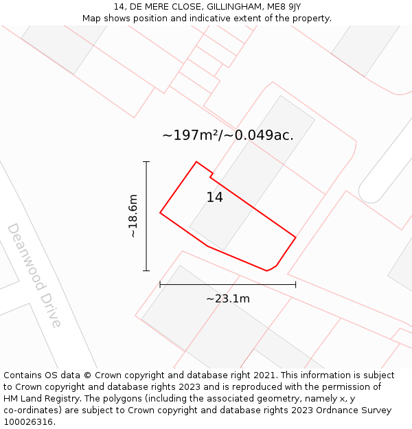 14, DE MERE CLOSE, GILLINGHAM, ME8 9JY: Plot and title map