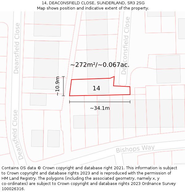 14, DEACONSFIELD CLOSE, SUNDERLAND, SR3 2SG: Plot and title map