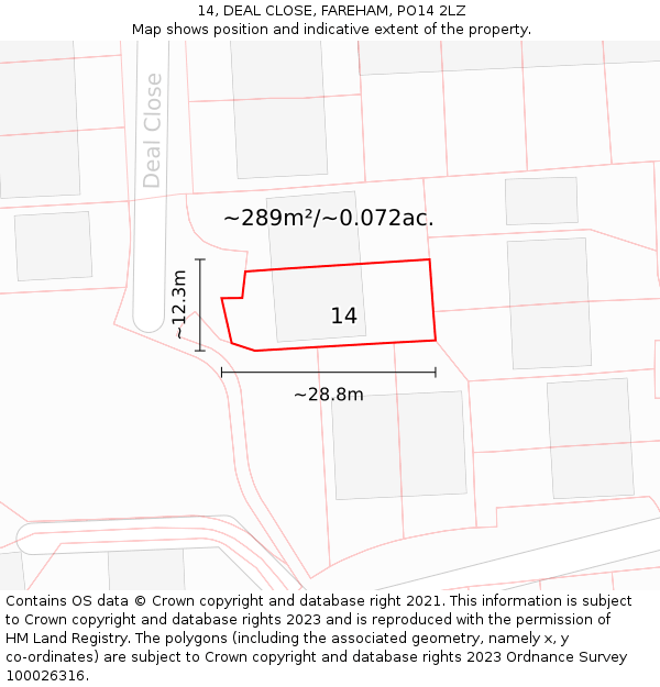 14, DEAL CLOSE, FAREHAM, PO14 2LZ: Plot and title map