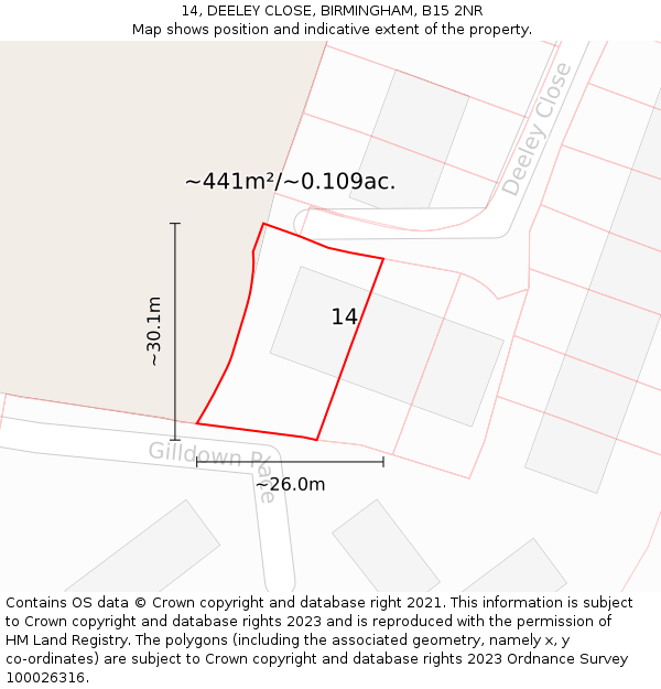 14, DEELEY CLOSE, BIRMINGHAM, B15 2NR: Plot and title map