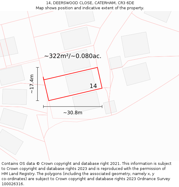 14, DEERSWOOD CLOSE, CATERHAM, CR3 6DE: Plot and title map