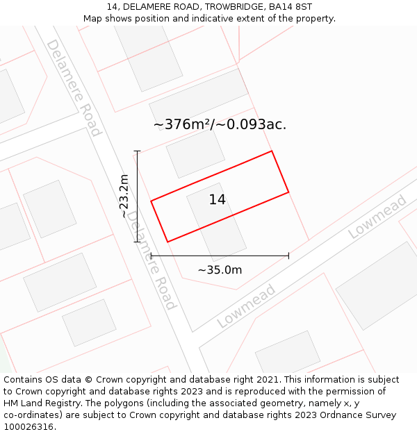 14, DELAMERE ROAD, TROWBRIDGE, BA14 8ST: Plot and title map