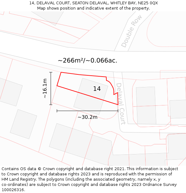 14, DELAVAL COURT, SEATON DELAVAL, WHITLEY BAY, NE25 0QX: Plot and title map