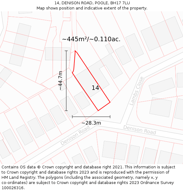 14, DENISON ROAD, POOLE, BH17 7LU: Plot and title map