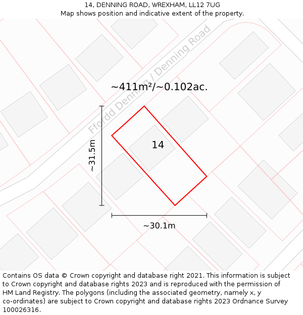 14, DENNING ROAD, WREXHAM, LL12 7UG: Plot and title map